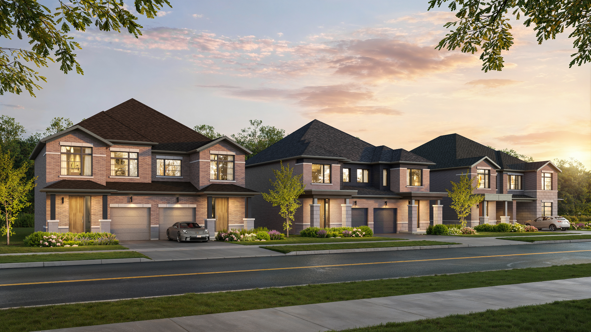 Semi-detached streetscape at golden hour in Wildfield Village