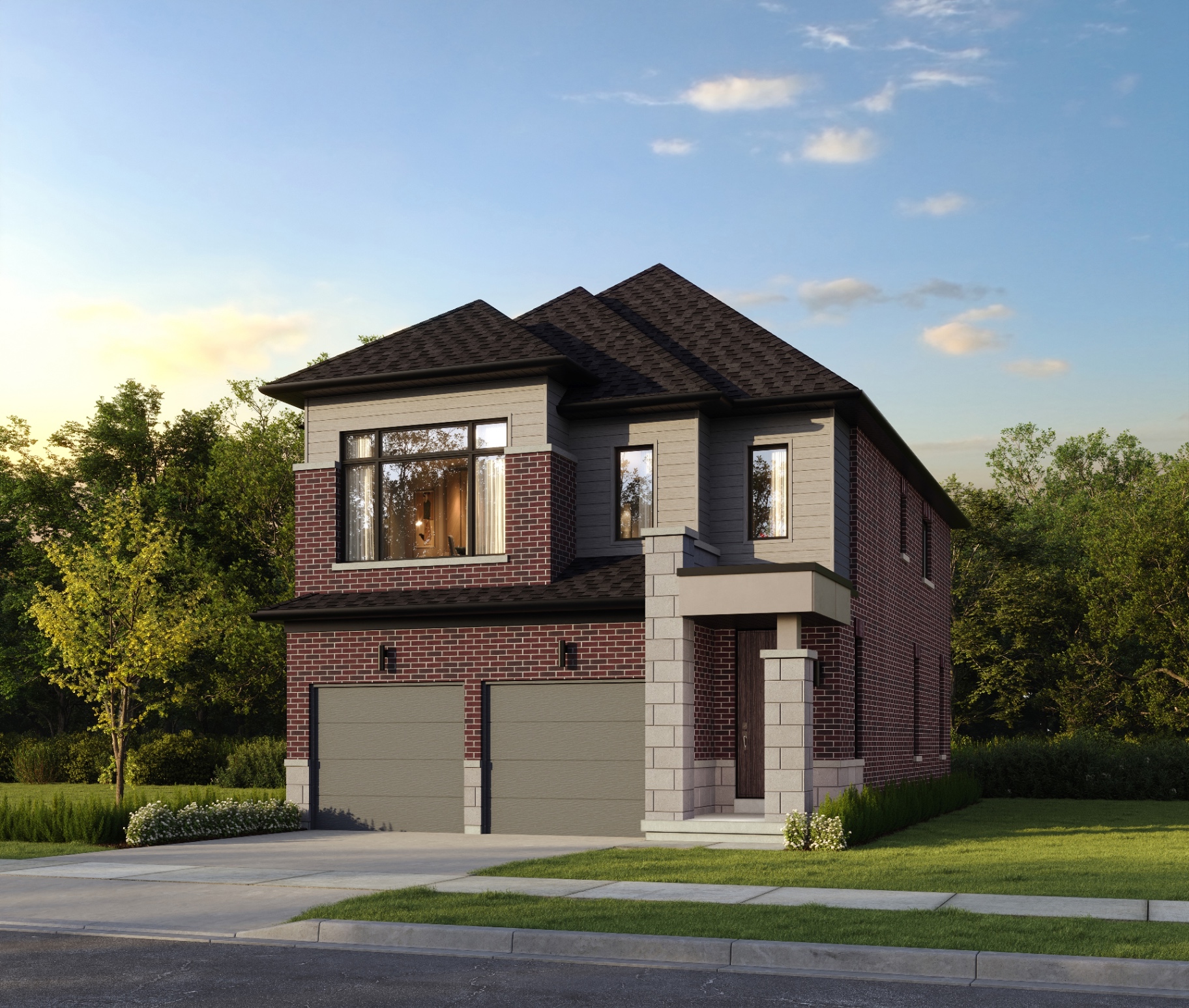 Detached home rendering with two-car garage at Wildfield Village