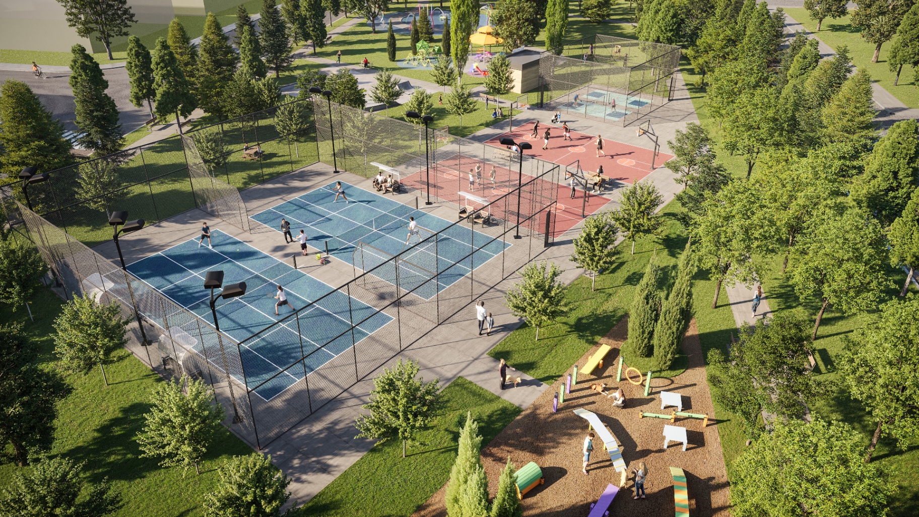 Tennis and basketball court amenity rendering at Wildfield Village
